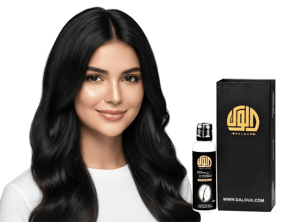 Woman with healthy long hair holding Dalouk Onion Hair Oil bottle and box