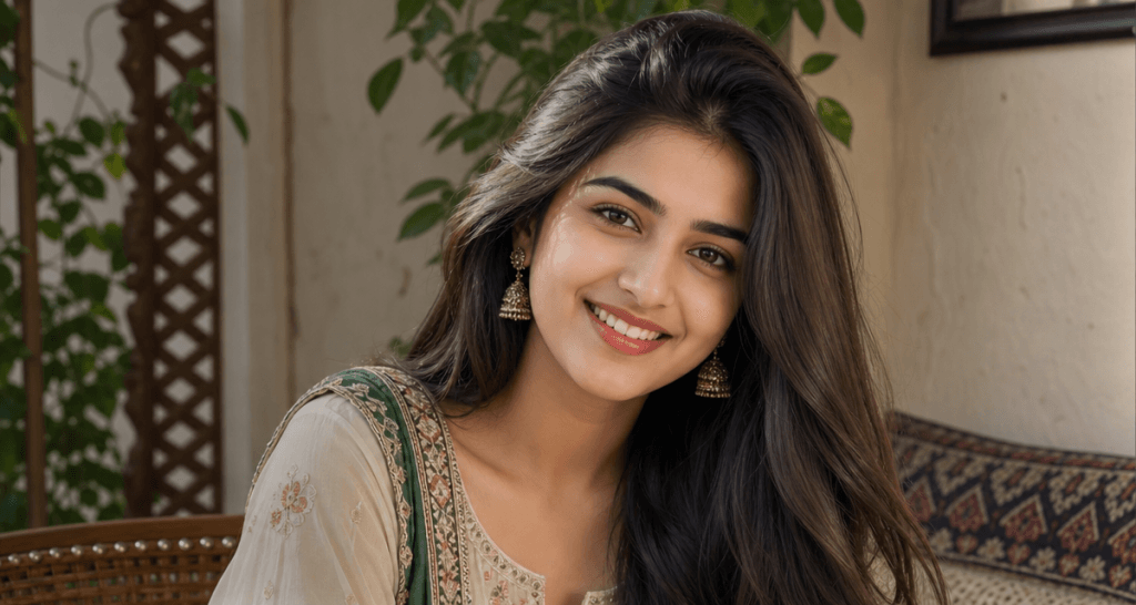 Happy Indo Pak woman with soft shiny hair