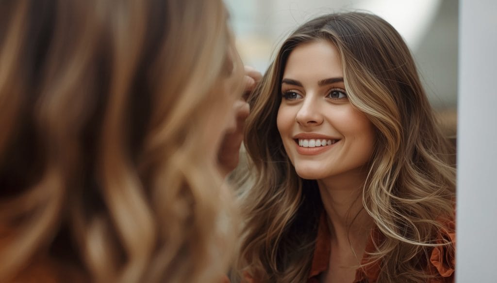 Happy woman with soft shiny hairs in Mirror