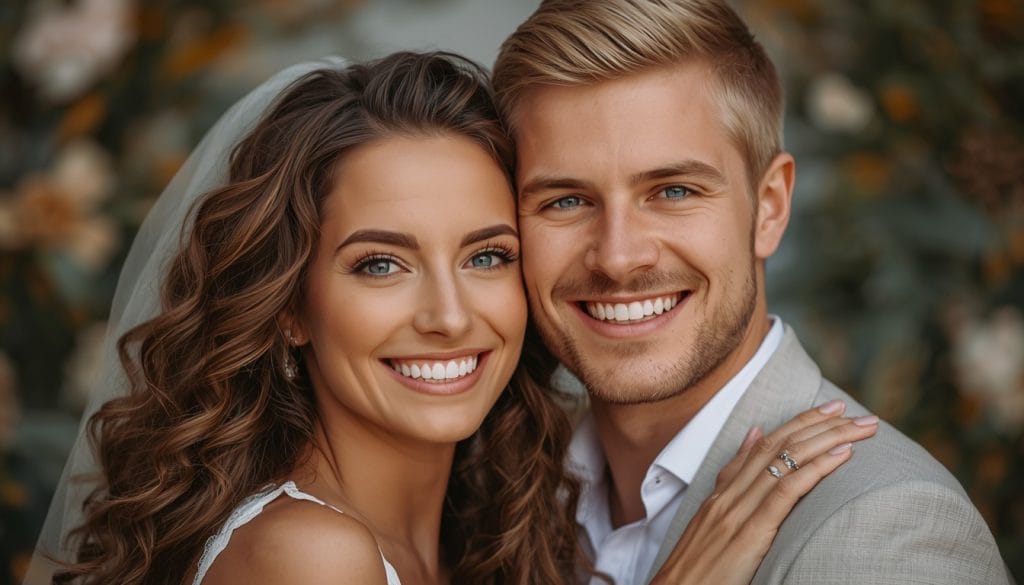 Smiling newly married couple with healthy hair