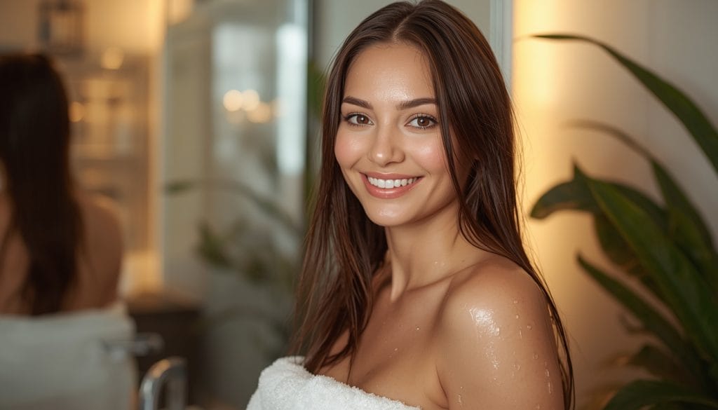 Smiling woman with glossy hair Take Shower