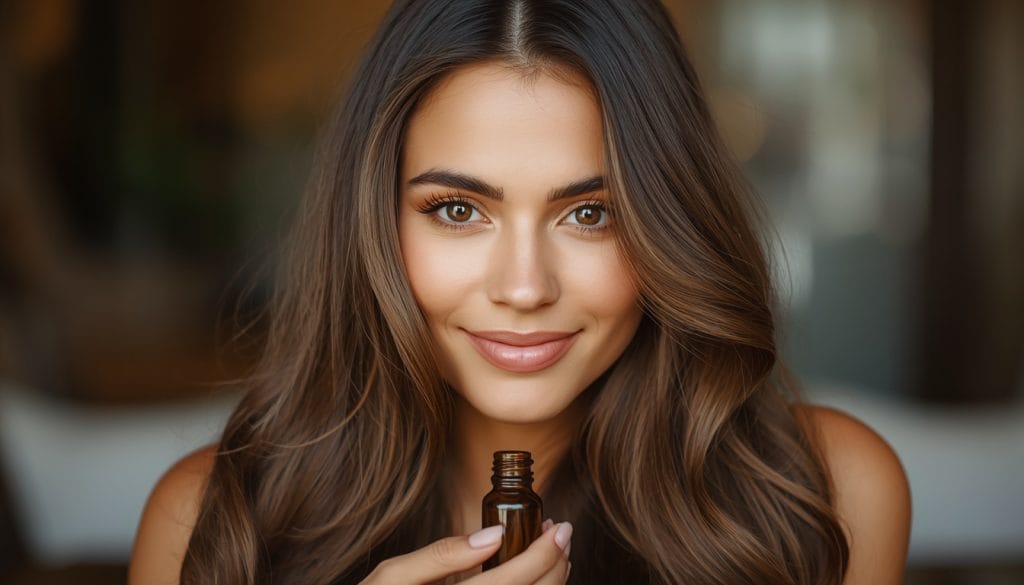 Woman with silky healthy hairs Castor oil