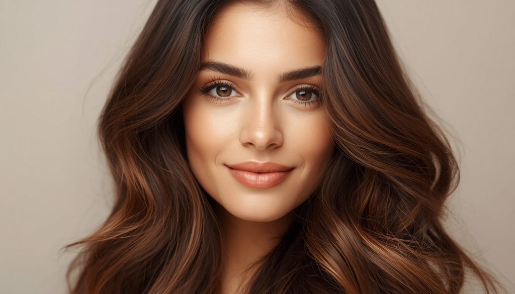 Woman with strong healthy hair smiling Focused