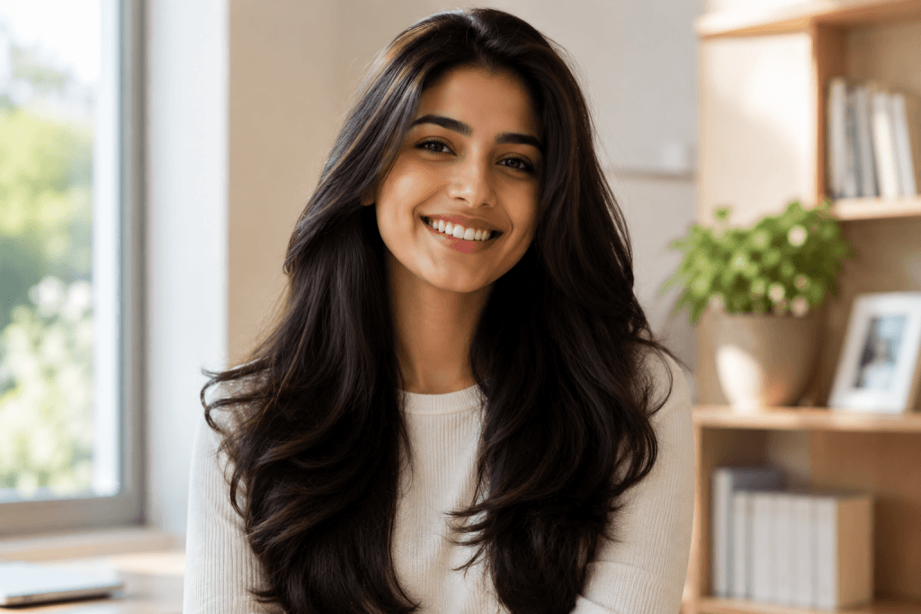 Woman with strong healthy hair smiling cute