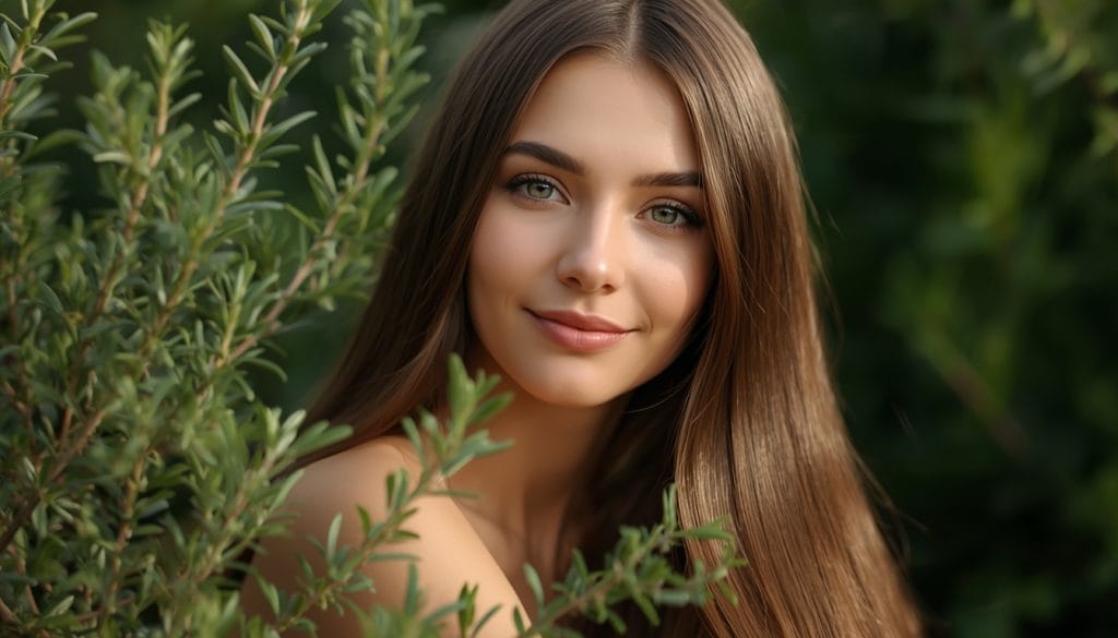 Young Lady with shiny hair by using Rosemary oil